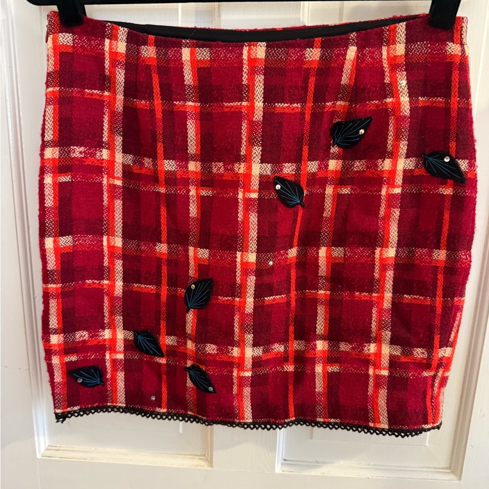 Barney’s Tracy Feith Red Plaid Pencil Skirt with Black Leaf Details